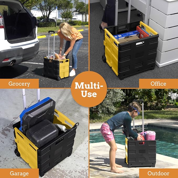Inspired Living Ultra-Slim Rolling Collapsible Storage Pack-N-Roll Utility-carts, with Telescopic Handle, for Home, Garden, Shopping, Office, School use, Medium, Yellow & Black