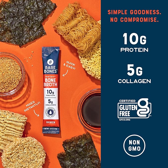 Bare Bones Ramen Bone Broth Instant Powdered Mix Packets | 5g Collagen | 10g Protein | Keto & Paleo Friendly | No Artificial Flavors | Non-GMO, Gluten-Free, Dairy-Free Rich Savory on-the-go 16 Pack