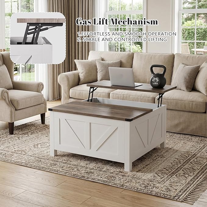 35” Farmhouse Coffee Table with Large Storage, Rustic Wood Lift Top Coffee Table for Living Room, Square Center Table with Charging Station&USB, Modern Port Pottery Barn Lift top Table