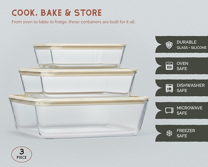 Vase and Vessel Non-Toxic Glass Storage Container Set, Borosilicate Glass, Tempered Glass Lids, Baking Pan, Airtight, Vented, Microwave, Oven & Dishwasher Safe, (Rectangular, Set of 3)