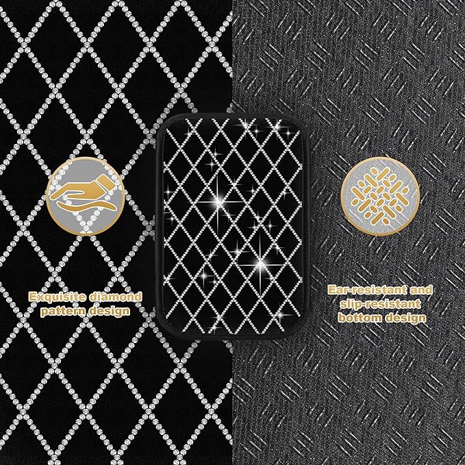 Center Console Cover Fit for Ridgeline: Upgraded Bling Diamond Car Armrest Cover - Crystal Rhinestone Car Center Console Cover with 2 Storage Bags,Anti-Scratch Auto Armrest Pad Accessory （Black)