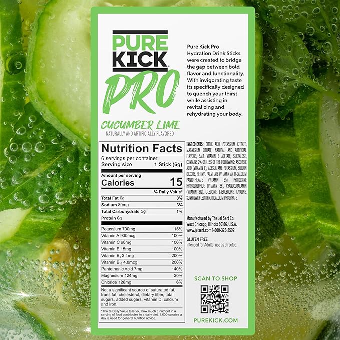 PURE KICK PRO Hydration Electrolyte Drink Mix, Cucumber Lemon, Includes 1 Box with 6 Packets in Each Box