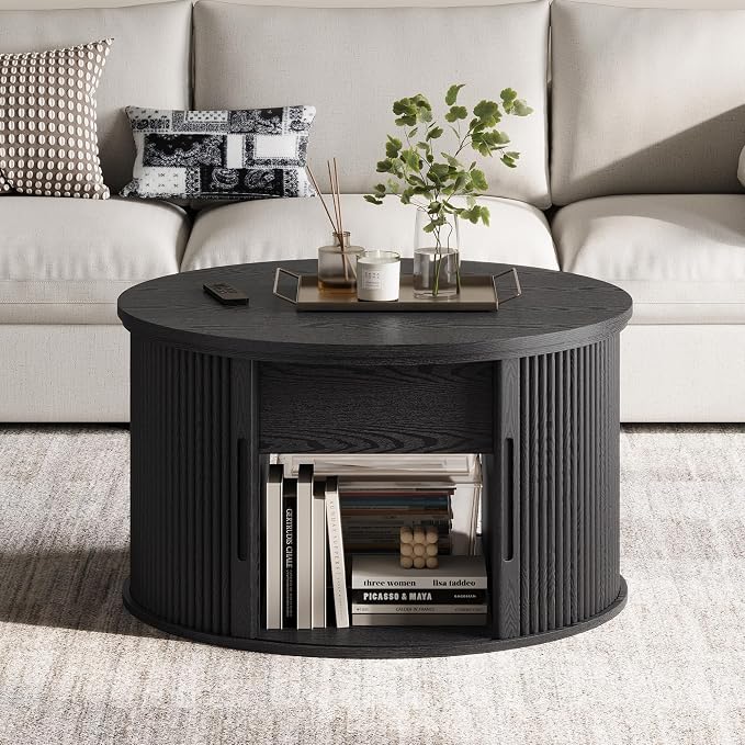 LINSY Lift Top Coffee Table, Round Fluted Coffee Table with Storage, Mid Century Modern Wooden Coffee Tables with Sliding Tambour Door, 31.5" Center Table for Living Room, Office, Small Space, Walnut