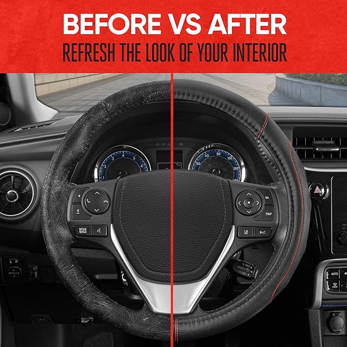 Motor Trend GripDrive Faux Black Leather Steering Wheel Cover for Car Truck Van SUV, Standard 15 inch Size, Red Accent Stitched Car Steering Wheel Cover Vehicle & Auto Accessories