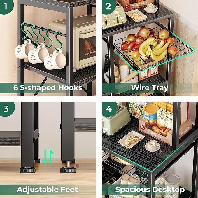 SUPERJARE Bakers Rack with Power Outlet, 47.2 Inches Coffee Bar with Wire Basket, Kitchen Microwave Stand with 6 S-Shaped Hooks, Open Storage Shelves, Black