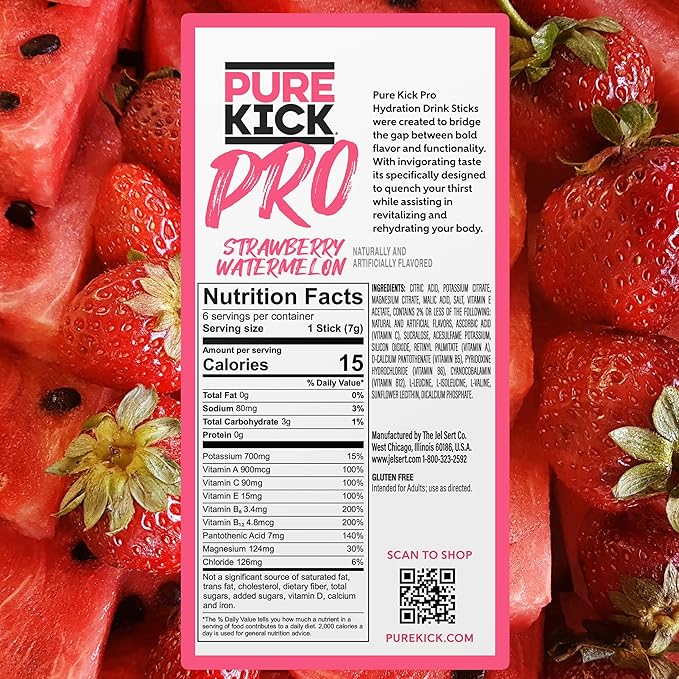 PURE KICK PRO Hydration Electrolyte Drink Mix, Strawberry Watermelon, Includes 1 Box with 6 Packets in Each Box