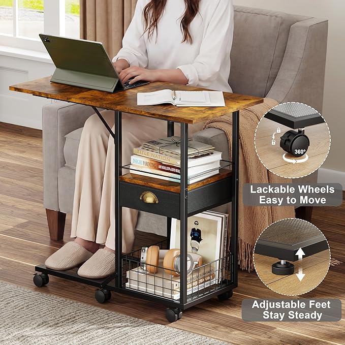 Rolling Coffee Table with Oversized Double-Wide Wood Top, Mobile Tv Tray with Storage Drawer and Wheels for Sofa, Portable Side Table for Living Room, Home Office, Spacious Desk for Working Studying