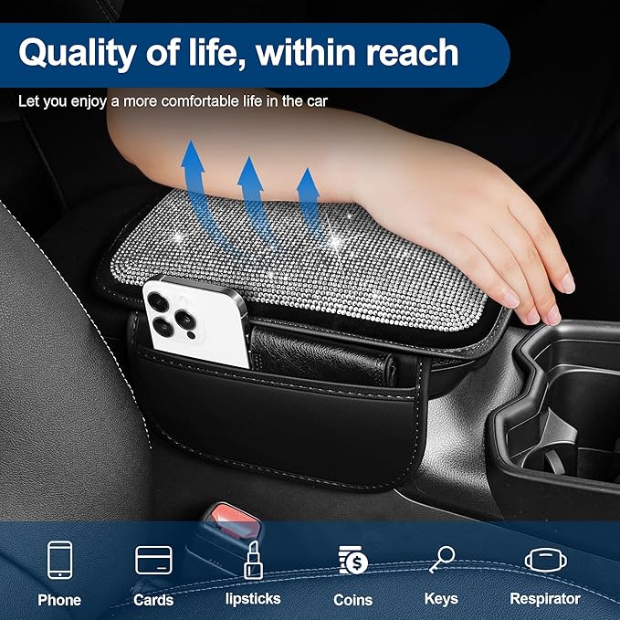 Center Console Cover Fit for VW/Volkswagen Tiguan Premium Leather Car Armrest Cover with 2 Storage BagsStorage Box Waterproof Car Arm Rest Covers(Black)
