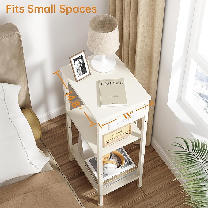Tall End Table with Charging Station, 3 Tier Narrow Tall Nightstand with Storage, Slim Side Table for Bedroom, Living Room, Nursery, Office, Cream White
