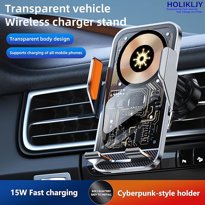 Wireless Charger Holder, Auto Clamp Vent Phone Mount - 15W Fast Charging Dual Induction Car Phone Mount with Transparent Design for iPhone 16 Pro Max 15 14 13 12 11, Sumsung S24 S23 S22 Series