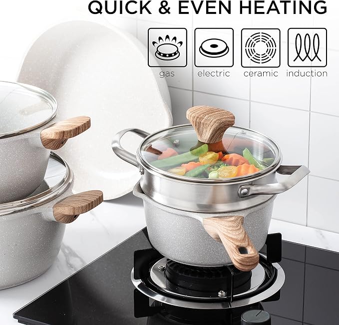 Country Kitchen Non-Stick Cast Aluminum Cookware Set - Durable Kitchen Cookware for Everyday Cooking, Cream, 13 Pc.