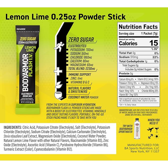 BODYARMOR Flash IV Electrolyte Packets, Lemon Lime - Zero Sugar Drink Mix, Single Serve Packs, Coconut Water Powder (15 Count)