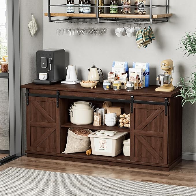 Shahoo Farmhouse Sideboard Buffet Cabinet, Coffee Bar Storage with Sliding Barn Doors, Shelf for Home Dining Room, Espresso