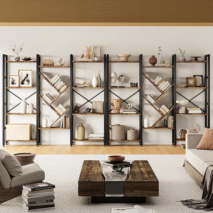 INNOD Triple 4 Tier Book Shelf, Large Industrial Bookcase with Storage Cabinet, Tall Bookshelf with Open Display Shelves Furniture for Living Room Bedroom Home Office Rustic Brown