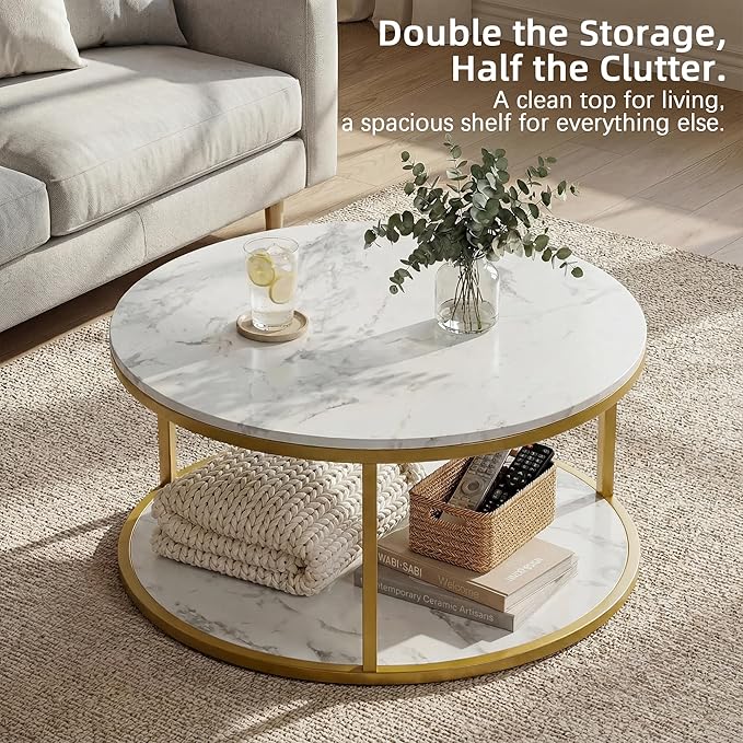YESHOMY 36" Round Coffee Table, 2-Tier Wood Center Table with Storage Shelf, Heavy-Duty Metal Frame, Easy Assembly, Ideal for Living Room & Small Spaces, Black