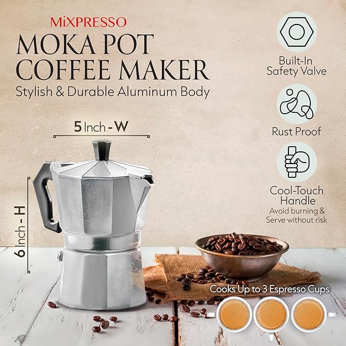 Mixpresso Moka Pot 3 Cup (5 oz Total) – Stovetop Espresso Maker for Gas & Electric Stove, Aluminum Cuban & Italian Coffee Maker, Small Size Espresso Brewer