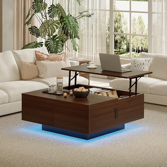 Square Lift Top Coffee Table, 31.5" Wooden Coffee Table with 2 Drawers & Hidden Storage, LED Lights & Charging Station, Mid Century Modern Center Table for Living Room Home Office (Walnut)
