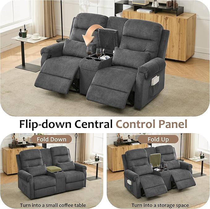DRMBOOK RV Loveseat Recliner Sofa with Console, Flax Velvet Double Wall Hugger Reclining Couch Manual Home Movie Seating 2 Person Recliner Chair with Cup Holders/Storage/Pocket/Lumbar Pillow, Grey