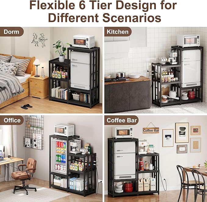 Mini Fridge Stand Coffee Bar Cabinet Station With Small Refrigerator Insert Storage Space, Shelf Organizer For Dorm Microwave To Sit, Black Baker Rack With Power Outlet, Big Table To Go Over Fridge