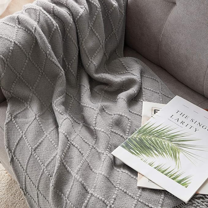 BOURINA Light Grey Throw Blanket 60x80 Inches Throw Textured Solid Soft Sofa Throw Couch Knitted Decorative Blanket