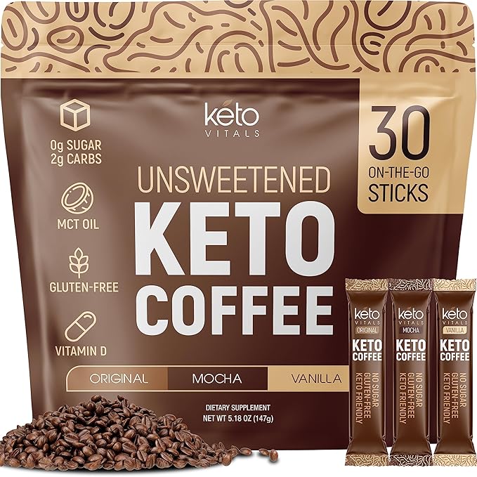 Keto Vitals Instant Keto Coffee Powder with MCT Oil & Vitamins - Low-Calorie Unsweetened Instant Coffee Packets, Single Serve - Keto Coffee Instant Mix in Original, Vanilla, & Mocha Flavors - 30 Count
