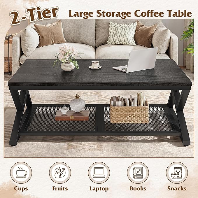 EnHomee Black Coffee Table with Storage, Modern Coffee Tables with Mesh Shelf, 2 Tier Minimalist Industrial Center Table for Living Room, Office, 39.4 Inch, Black Oak