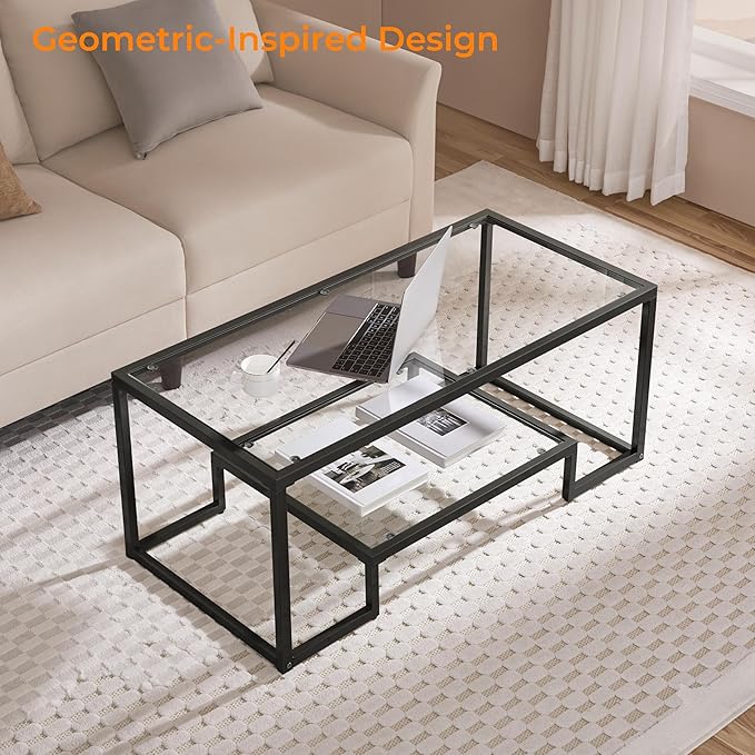 Yaheetech Coffee Table, Tempered Glass Coffee Table, Modern Simple Center Tables w/Geometric-Inspired Design & Metal-Frame & Easy Assembly & Open Storage Shelf for Living Room, Office, Black