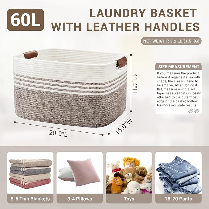 60L Large Laundry Basket with Leather Handles for Living Room Storage, Woven Rope Baskets Bin for Blanket, Kids Toy, Gifts, Wicker Hamper for Bedroom Dirty Clothes, 21"x15"x11" Dark Brown