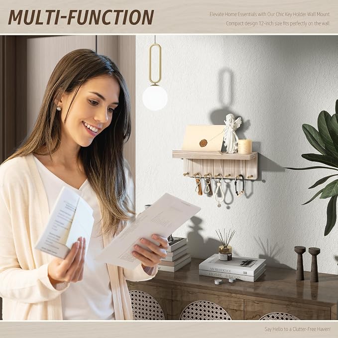 Rebee Vision Key Holder Wall Mount for Farmhouse Decor - Key and Mail Holder for Wall with 7 Sturdy Key Hooks and Floating Shelf - Ideal for Apartment Essentials (Natural Wood