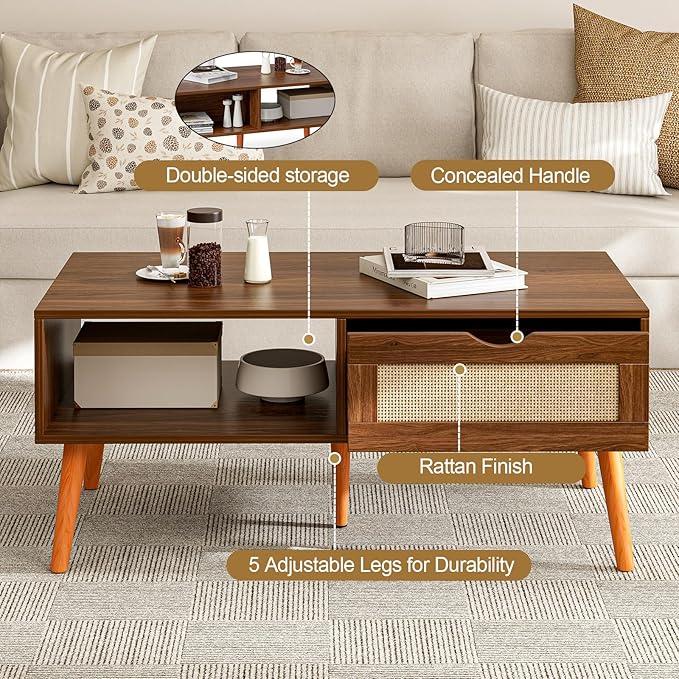 ZttRiee Coffee Table with Storage, Boho Dining Table with Rattan Drawer and Solid Wood Legs, Small Coffee Tables for Living Room, Walnut