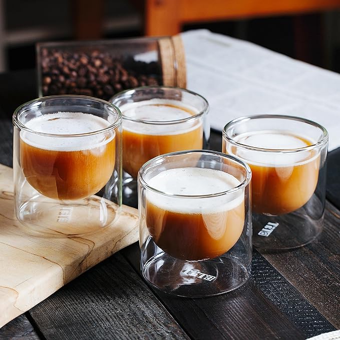 BTaT- Double Walled Drinking Glass, 4 Pack, 5 oz, Insulated Glass for Hot and Cold Beverages, Espresso, Cappuccino, Whiskey, Bourbon, Vodka and Scotch
