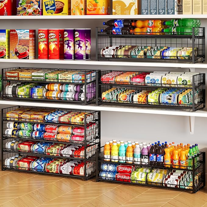 2-Pack Stackable Can Organizer for Pantry Shelf, Adjustable Extra-Long Rolling Can Rack for Kitchen Cupboard Storage, Sturdy Standing Can Holder for Canned Food Goods Soda up to 100, 2 Tier, Black