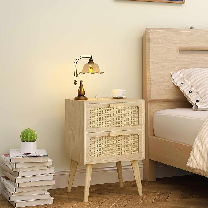 Small Rattan Nightstand,Boho Bedside with Storage,End Table,Side Table with 2 Hand Made Rattan Decorated Drawers for Small Space,Livingroom,Bedroom,Natural 11.8" D x 16" W x 22.4" H CTG59Y