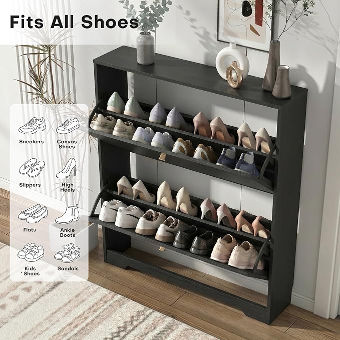 Nicetree Shoe Cabinet with 2 Flip Drawers, Narrow Shoe Organizer Cabinet, Freestanding Shoe Rack Cabinet, Modern Shoe Storage Cabinet for Entryway, Hallway, Foyer, Black with Hook
