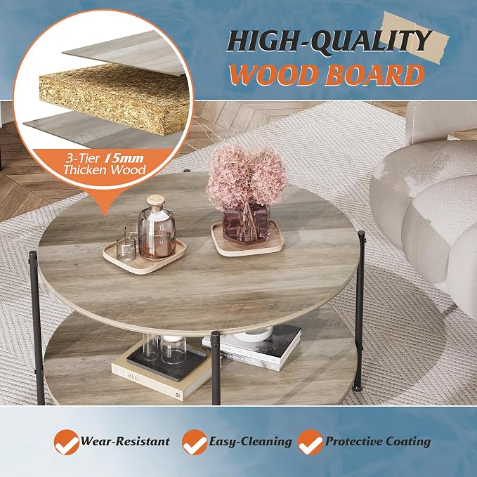 WLIVE Round Coffee Table, 32.6" Small Coffee Table with Storage Shelf, 2-Tier Circle Wood Center Table for Living Room, Apartment, Rustic Brown (Grey, 32.6" D x 32.6" W x 17.5" H)