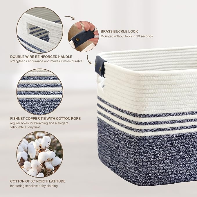 86L Extra Large Laundry Basket with Leather Handles for Living Room Storage, Woven Rope Baskets for Blanket, Kids Toy, Gifts, Wicker Hamper for Bedroom Dirty Clothes, 24"x16"x14" Denim Blue