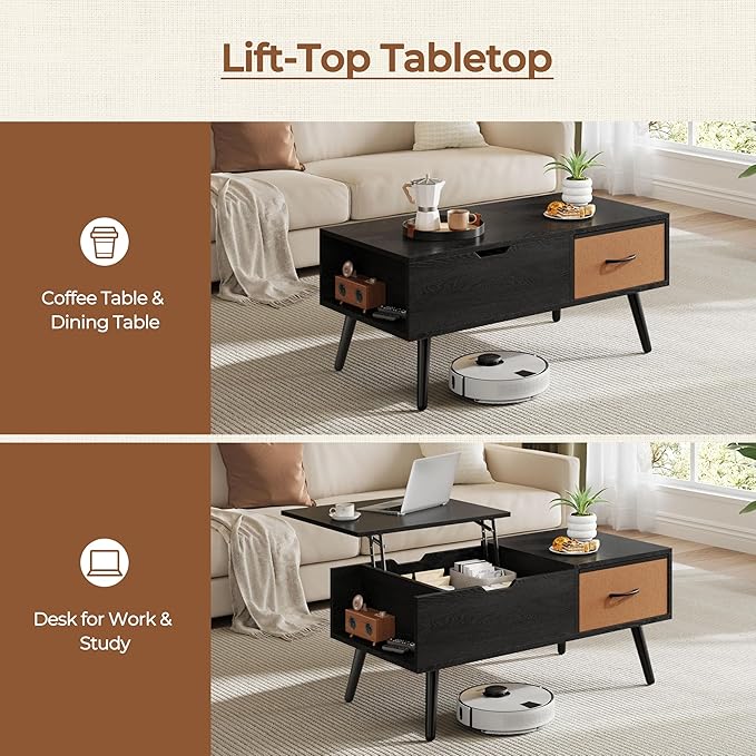 Yaheetech Lift Top Coffee Table for Living Room, Wooden Small Center Tables with Large Storage Shelf Drawer and Hidden Compartment Modern, Black