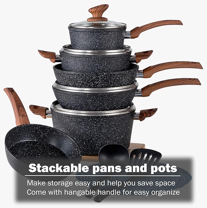 Kitchen Academy Induction Cookware Sets - 12 Piece Pots and Pans Set Non Stick, Black Granite Nonstick Cooking Pan Set(PFOS, PFOA Free)