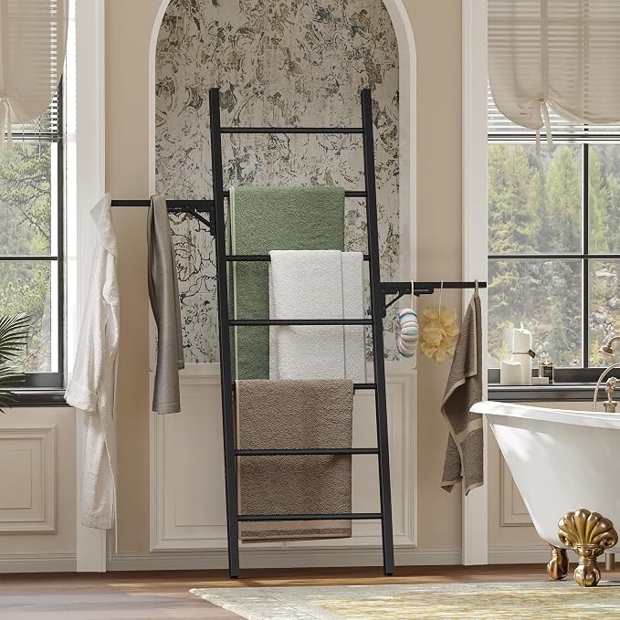 Metal Blanket Ladder, 7-Tier Towel Rack with Ajustable Side Rack, Blanket Rack Stand for Living Room, Bathroom, Quilt Display Ladder Shelf, Farmhouse Black
