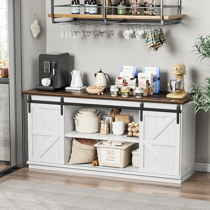 Shahoo Farmhouse Sideboard Buffet Cabinet, Coffee Bar Storage with Sliding Barn Doors, Shelf for Home Dining Room, White