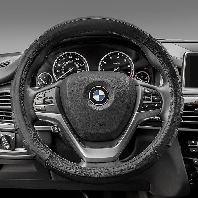 FH Group Universal Fit Genuine Leather Sport Steering Wheel Cover Fits Most Cars, SUVs Black