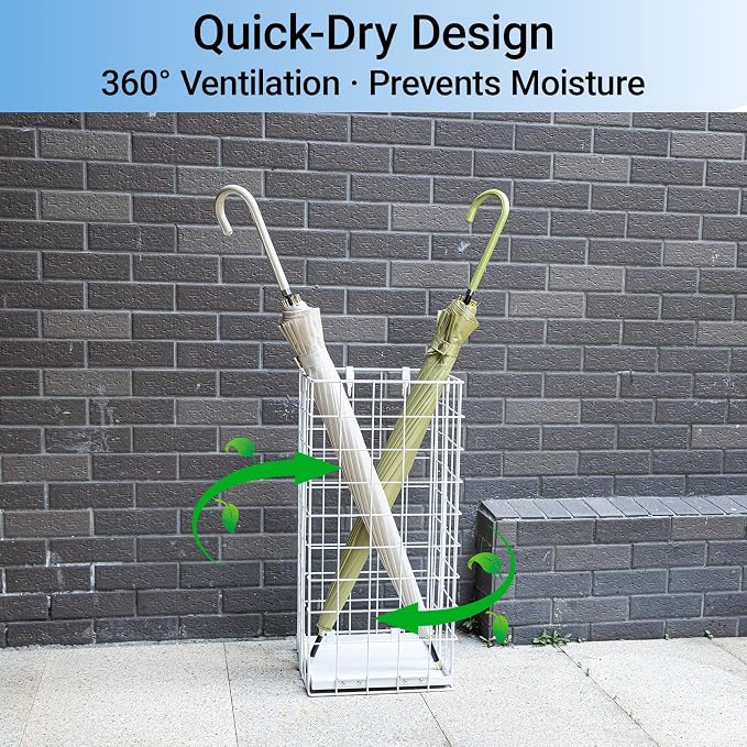 Umbrella Stand, Umbrella Holder for Entryway, Large Metal Foldable Umbrella Rack Organizer Freestanding, with Water Tray and Hooks, Rectangular Hollow Rack 9.5 x 9.5 x 19.7 Inches (White)
