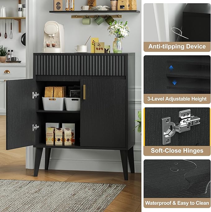 Sideboard Storage Cabinet with 2 Drawers & 2 Doors, Fluted Kitchen Buffet Cabinet with Adjustable Shelves, Coffee Bar Station for Living Room, Entryway, 13.8 x 27.6 x 35.6 Inches, Black