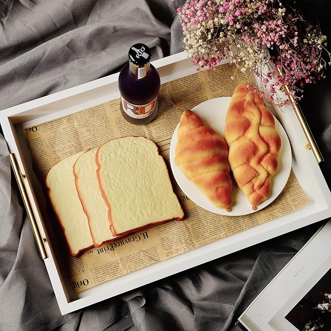 JJSQYLAN Wooden Serving Tray with Handles Rectangle Breakfast Tray for Coffee Table Decorative Ottoman Tray 16”x 12” for All Occasion's (White)