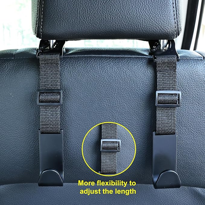 Amooca Headrest Hooks for Car Adjustable 4 Pack Vehicle Seat Back Organizer Storage Hanger Holder for Purse Bags Universal Fit Black
