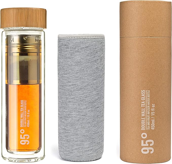 95° Double-Wall Glass Tea Bottle with Removable Stainless Steel Infuser - BPA and BPS Free, Insulated and Leakproof Travel Tumbler for Loose Leaf Tea, Coffee, Fruit - Eco-Friendly (15oz/450ml)