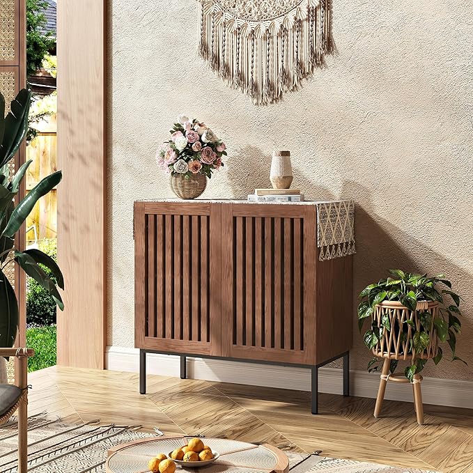 Storage Cabinet, Modern Coffee Bar with Adjustable Shelf and Metal Base, 32 Inch Wood Multifunctional Console Table for Kitchen, Living Room, Entryway, Brown