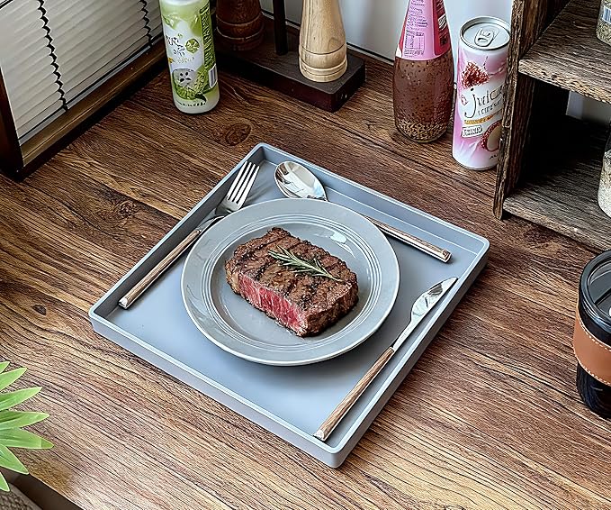 Versatile 11 Inch Gray Square Tray, Organization | Multi-Purpose Tray for Ottoman, Coffee Table, Dresser, Bathroom Countertop & Kitchen | Organizer for Makeup, Jewelry, Remote & Snacks