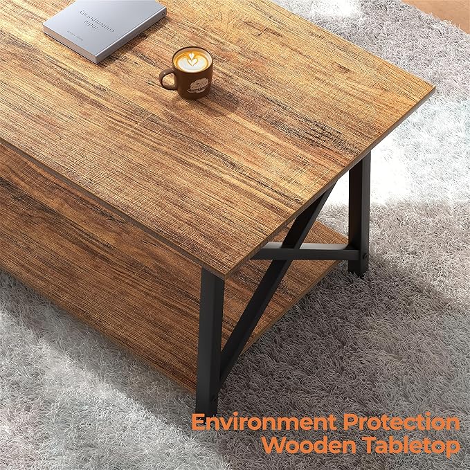 GreenForest Coffee Table with Storage, 39 inch Modern 2-Tier Coffee Tables for Living Room, X-Frame Design Farmhouse Coffee Table Space Saving Living Room Tables, Easy Assembly, Walnut