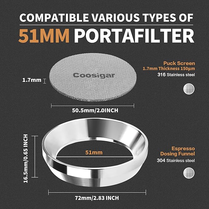 51mm Espresso Dosing Funnel and Puck Screen Set,Stainless Steel Coffee Dosing Ring Compatible with Delonghi 51mm Portafilter.Reusable 1.7mm Thickness Espresso Puck Screen(Stainless Steel)